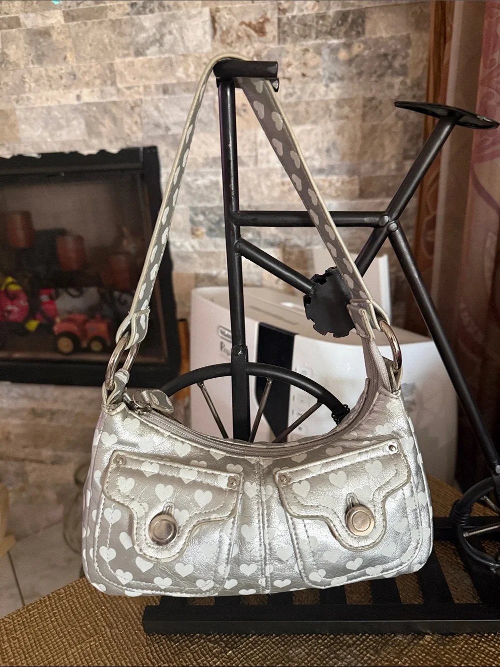 Metallic Silver Heart-Print Kids Shoulder Bag